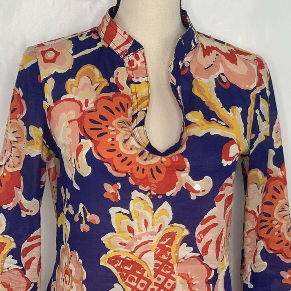 Tory Burch Stephanie Floral Bell Sleeve Tunic Sz 0 - Picture 3 of 10